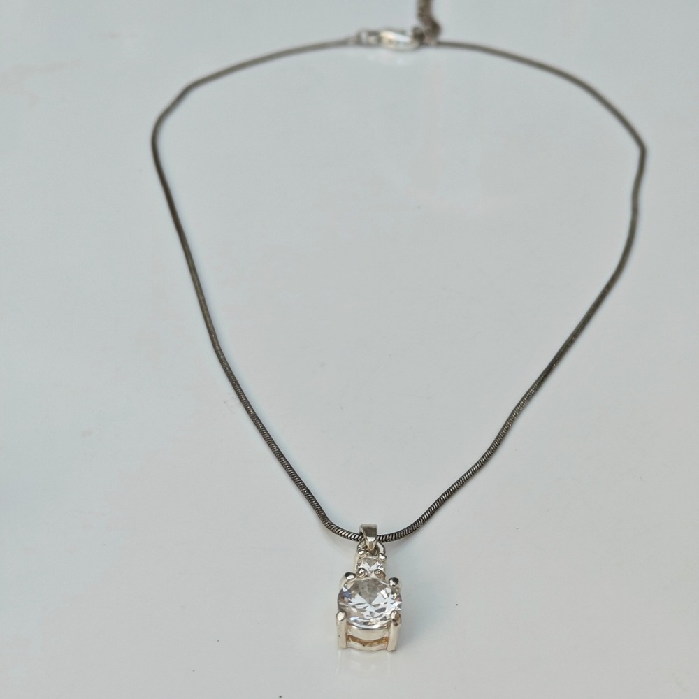 Claires Silver Snake Chain Necklace Faux Diamond Round Cut Solitaire Pendant